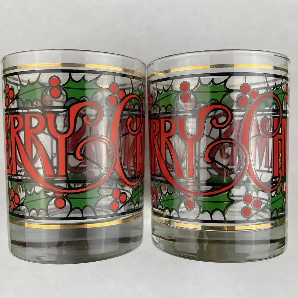 Vintage Cera Glass Merry Christmas Lowball Glasses Lot of 2